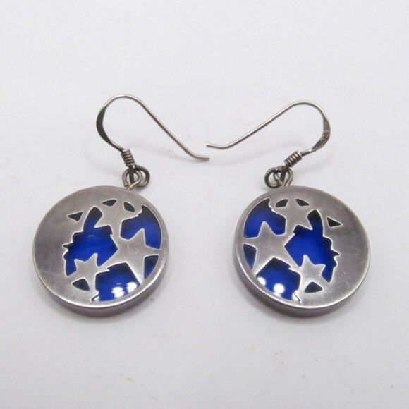 Sterling Silver Celestial Half Moon and Stars Blue Glass Pierced Earrings - Picture 8 of 12